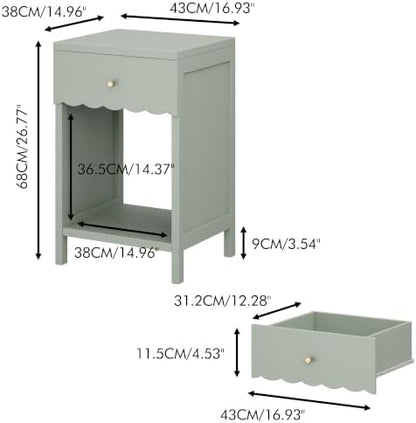 Cute Nightstand with Drawer, Scalloped Bedside Table, Sage