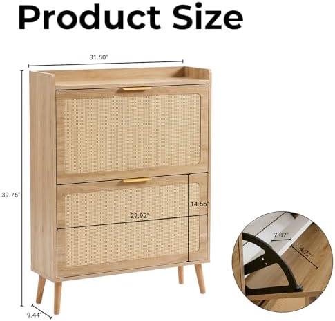 Shoe Cabinet, Rattan Shoe Storage Cabinet for Entryway with Flip Drawers