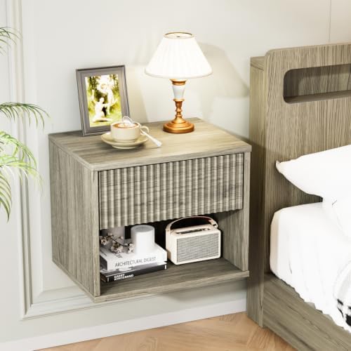VINGLI Floating Nightstand Gray Fluted Night Stand 1 Drawer Bed Side Table, Storage Nightstand with Drawers, Wood Night Stand End Table for Bedroom, 15.75" W x 11.81" D x 12.83" H