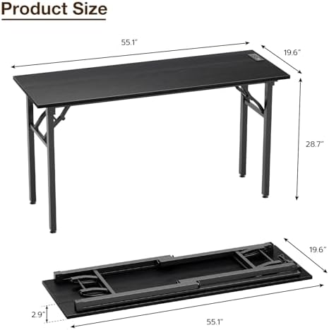TEMI Long Computer Desk Folding Table - No Assembly, Compact 55.1" Foldable Desk with Power Outlets & USB Charging Port, Portable Lagre Office Desk, Study Table for Narrow Spaces, Dark Oak