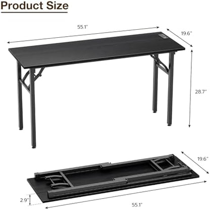 TEMI Long Computer Desk Folding Table - No Assembly, Compact 55.1" Foldable Desk with Power Outlets & USB Charging Port, Portable Lagre Office Desk, Study Table for Narrow Spaces, Dark Oak