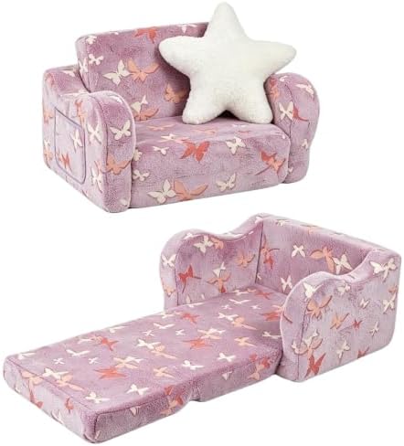 Kids Sofa Chair, 2-in-1 Foldable Couch, Plush, Lavender Purple