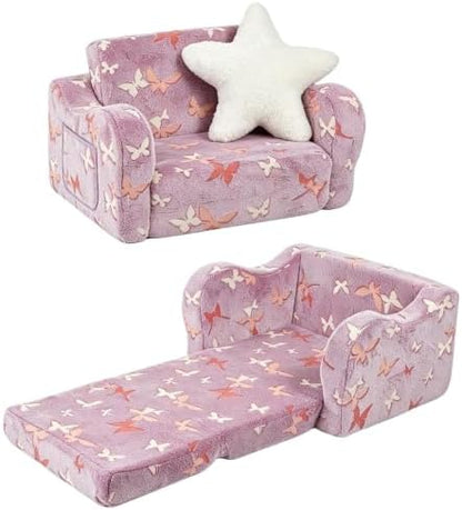 Kids Sofa Chair, 2-in-1 Foldable Couch, Plush, Lavender Purple
