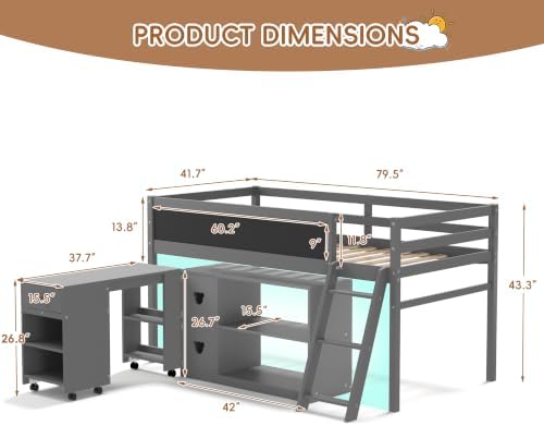 Low Loft Bed with Desk, Twin Size Solid Wood Bed Frame w/Storage Bookshelf & Blackboard, Full Guardrail, Ladder, No Box Spring Needed for Kids Teen, Easy Assembly (Grey)