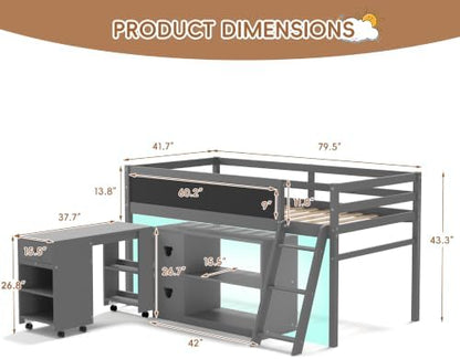 Low Loft Bed with Desk, Twin Size Solid Wood Bed Frame w/Storage Bookshelf & Blackboard, Full Guardrail, Ladder, No Box Spring Needed for Kids Teen, Easy Assembly (Grey)