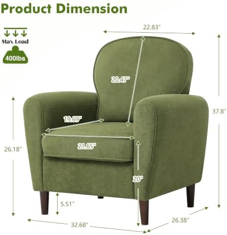 Accent Chair Set of 2, Mid Century Modern Arm Chair with Thick Cushion and Back, Upholstered Comfy Reading Chair Single Sofa Chair for Living Room, Bedroom, Club, Green