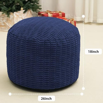 Round Stuffed Pouf Ottoman for Foot Rest 26" X 18" Faux Fur Poufs, Navy