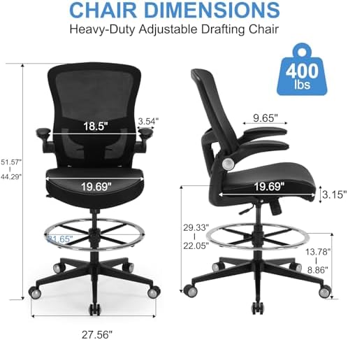 Drafting Chair 400lbs Heavy Duty Tall Office Chair Big and Tall Ergonomic Standing Desk Chair with Lumbar Support and Adjustable Footrest Ring, Comfy Mesh Wide Chair with Flip-up Armrests, Black