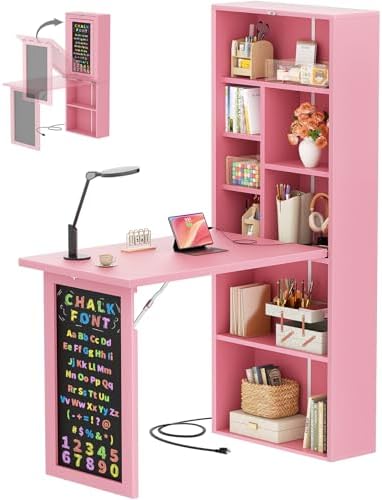 Armocity Small Folding Desk with Outlets, Fold-Out Murphy Desk Craft Table