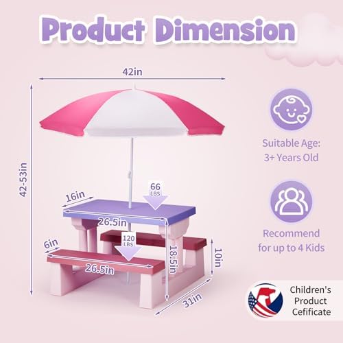 Vasitelan Picnic Table Plastic Outdoor Table & Bench Set w/Umbrella,Purple