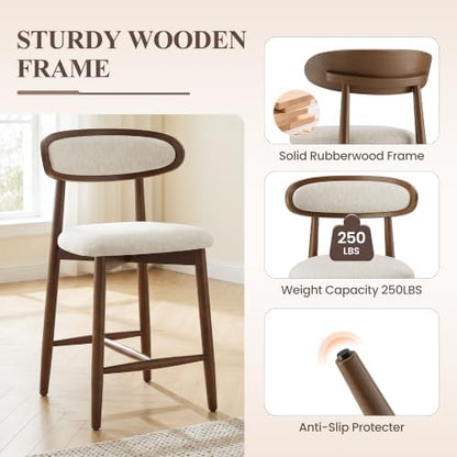 Bar Stools Set of 4, 24.8″ Counter Height Barstools with Wood Legs
