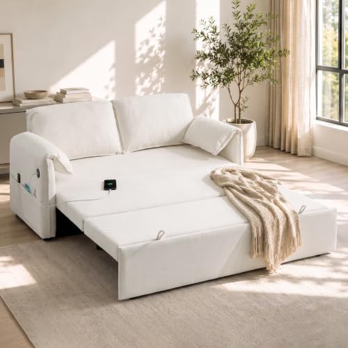 63" Pull Out Loveseat Sofa Bed, Velvet Convertible Sleeper Couch, Beige