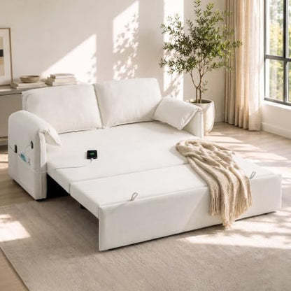 63" Pull Out Loveseat Sofa Bed, Velvet Convertible Sleeper Couch, Beige