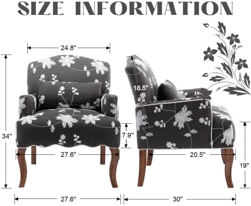 Mid Century Accent Chair Floral Reading Chair with Removable Pillow Wingback Arm Chair Upholstered Comfy Single Sofa for Living Room/Bedroom/Fireplace, Grey 1PC