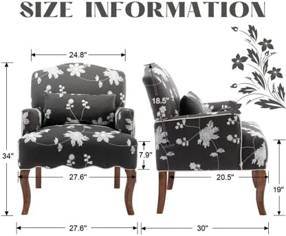 Mid Century Accent Chair Floral Reading Chair with Removable Pillow Wingback Arm Chair Upholstered Comfy Single Sofa for Living Room/Bedroom/Fireplace, Grey 1PC