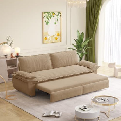 73" Convertible Queen Sofa Bed, Corduroy Pull Out Sofa Couch, Camel