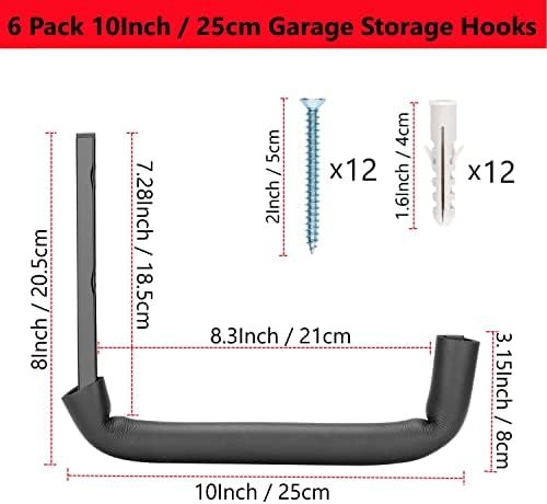 Garage Hooks, 10" Heavy Duty Garage Storage Tool Hangers, Wall Mount Storage Hooks for Garden Tools, Ladders, Bikes, Bulky Items