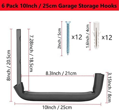 Garage Hooks, 10" Heavy Duty Garage Storage Tool Hangers, Wall Mount Storage Hooks for Garden Tools, Ladders, Bikes, Bulky Items