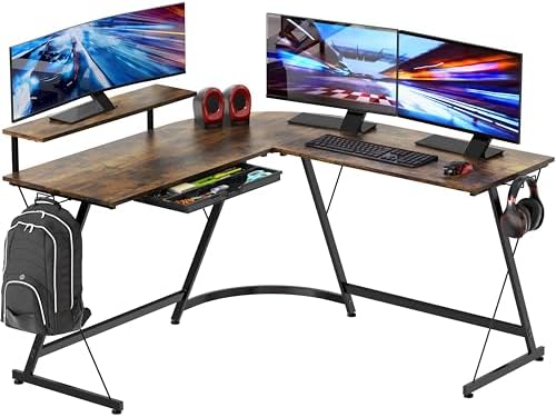 SHW 51 x 51 L-Shaped Corner Desk w/Monitor Stand and Drawer, Rustic Brown