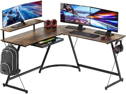 SHW 51 x 51 L-Shaped Corner Desk w/Monitor Stand and Drawer, Rustic Brown