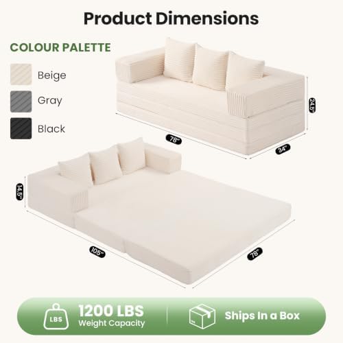78" Convertible Sofa Bed Couch，Modular Corduroy Boneless Sofa with Removable Armrests Backrest，Folding Mattress Couch No Assembly Needed for Living Room,Apartment, Guest Room（Beige）