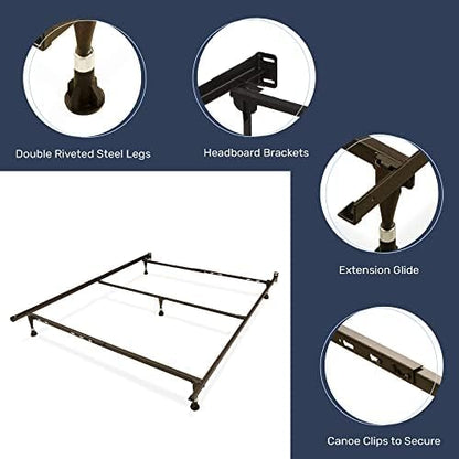 Greaton, Advanced Bed Frame with Solid Steel Rivets, Re-Rolled Rail Provides Required Strength and Durability, Canoe Clips to Secure Cross Arms, Double Riveted 5 Steel Legs Center Support, Queen
