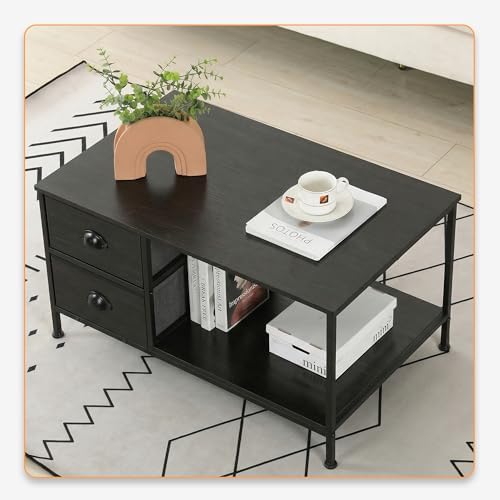 SENIG Small Coffee Table with Drawers for Living Room 31.5 Inch Black Oak