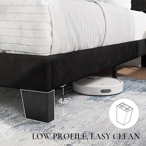 SHA CERLIN Twin Platform Bed Frame with Upholstered Velvet Headboard, Black