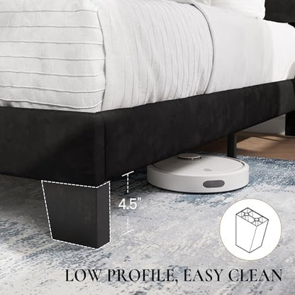 SHA CERLIN Twin Platform Bed Frame with Upholstered Velvet Headboard, Black