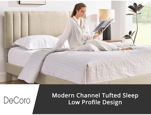DeCoro Chicago Channel Tufted Upholstered Platform Bed Frame, Linen, Queen