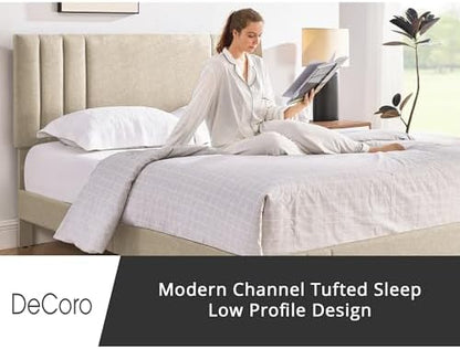 DeCoro Chicago Channel Tufted Upholstered Platform Bed Frame, Linen, Queen