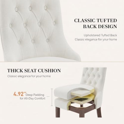 Upholstered Dining Chairs Set of 2, Wingback Dining Room Chairs with Tufted Button, Fabric Dining Chairs with Solid Wood Legs for Dining Room, Kitchen, Apartment，Beige