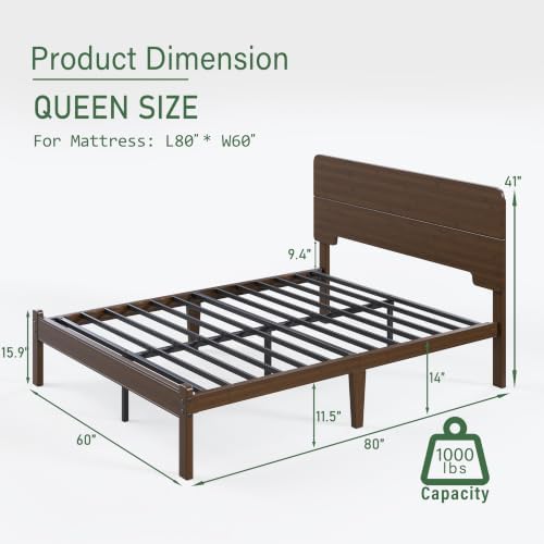 BOSRII 14" Queen Size Bamboo Wood Platform Bed Frame with Headboard, Walnut