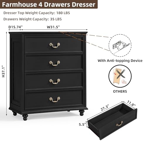 Joaxswe Farmhouse 4 Drawer Dresser Set of 2 for Bedroom, 37" Tall Rustic Chests of Drawers w/ 4 Solid Wood Feet, Mid Century Vintage Wooden Closet Storage Dressers Organizer for Living Room, Black