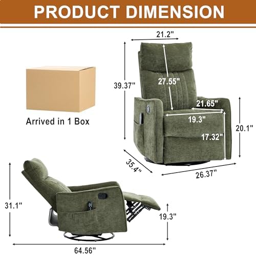 Manual Swivel Rocker Recliner Chair for Adults, Overstuffed Reclining Glider Chair for Nursing with Vibration Massage & Heat, Living Room Rocking Recliner 2-Stage backrest, Chenille Fabric Green