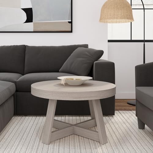 Plank+Beam Classic Coffee Table, 30 Inch, Round, Seashell Wirebrush