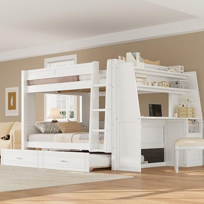 Full Over Full Multifunctional Bunk Bed with Desk White