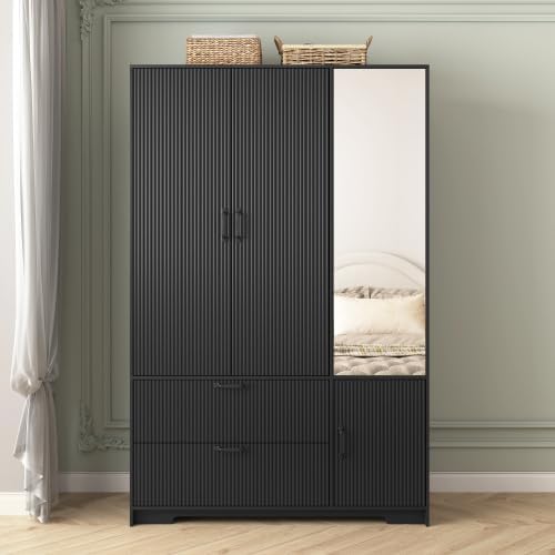 Black Fluted Wardrobe Closet with Mirror and Light, 3-Door Armoire Wardrobe with 2 Drawers, Hanging Rod, Shelves, Freestanding Bedroom Storage Cabinet