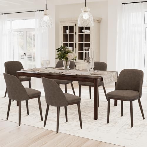 COLAMY Upholstered Dining Chairs Set of 6, Modern Kitchen Chairs with Back, Leather Side Dining Room Chairs with Wood Legs for Kitchen Dining Room Restaurant, Dark Brown