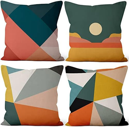 4 Pcs/Set Colorful Geometry Throw Pillow Covers Geometric Strip Moon Abstract Mid Century Minimalist Cushion Case for Outdoor Patio Furniture Couch Sofa Decor, 16"x16"