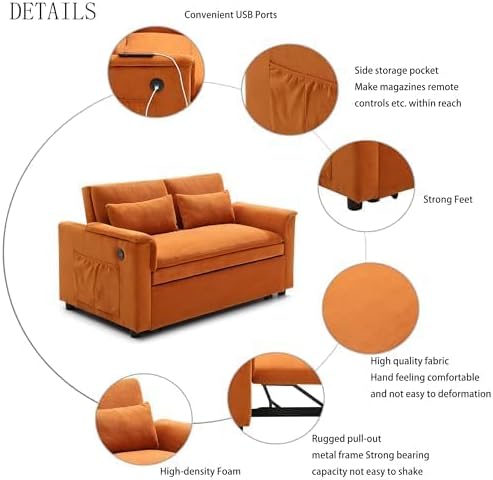 Sofa Bed, Pull Out Couch with Side Pockets, 3 in 1 Velvet Loveseat Sleeper Sofas Beds with USB Ports, Sofa Bed Couch with Adjustable Backrest for Living Room, Bedroom, Apartment, Orange