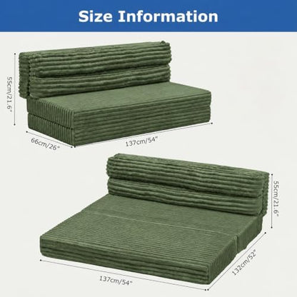Erament Tri-Fold Futon Sofa Bed, 6 Inch Foldable Floor Couch, High-Density Foam Convertible Sleeper Sofa with Removable Washable Corduroy Cover, Portable Floor Mattress for Living Room (Green, Full)