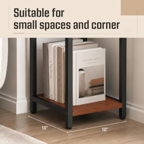 10" Wide Square Drink Table with Adjustable Feet - 3-Tier Small Side Table for Apartments, Balcony & Office | Space-Saving, Lightweight & Multi-Functional (Plants, Books, Drinks, Red Wood)