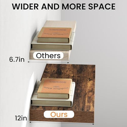 12" Deep Floating Shelves for Wall, 24" Long Rustic Brown Wood Wall Shelves, Set of 2, 2" Thick Rustic Storage & Display Shelves with Invisible Brackets for Living Room Bedroom Kitchen