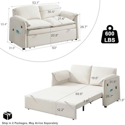 63" Pull Out Loveseat Sofa Bed, Velvet Convertible Sleeper Couch, Beige