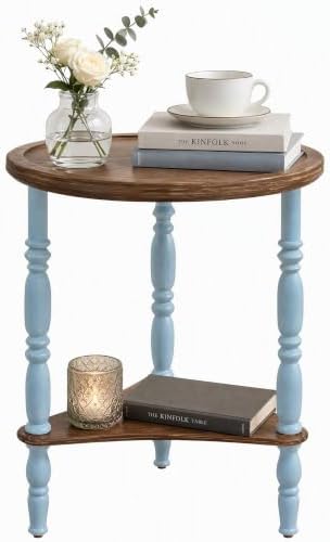 Round Side Table, Farmhouse Blue 2-Tier End Table, 19.7"D x 24"H