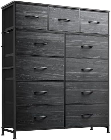 WLIVE Tall Dresser for Bedroom, 11 Drawer Fabric Dresser, Black Wood Grain
