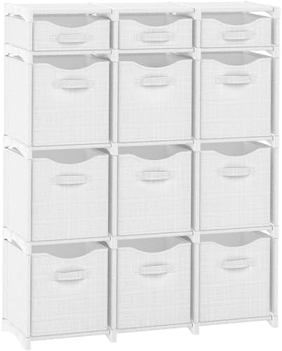 Cube Storage Organizer with Storage Bins Included - The Perfect Closet Organizers and Storage Solution. Includes 12 Storage Cubes, Great For Toy Storage, Closet Storage, Clothes Storage (White-Grey)