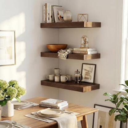 Wood Floating Shelves 20 Inch, 12 Inch Deep Shelves Wall Mount, Wall Shelves with Invisible Bracket, 20" Floating Shelves for Living Room Bathroom Bedroom, Walnut, Set of 3