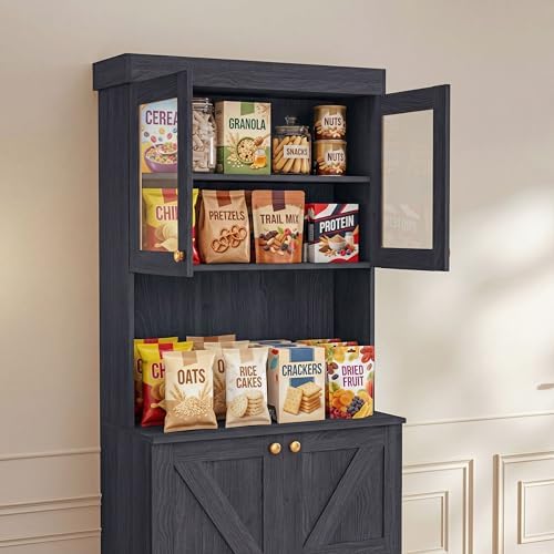 Vyre 71" Farmhouse Kitchen Pantry Cabinet, Black Freestanding Coffee Bar Hutch with Glass Doors, Drawers & Adjustable Shelves, Microwave Stand Storage Organizer for Living Room & Kitchen, Set of 4